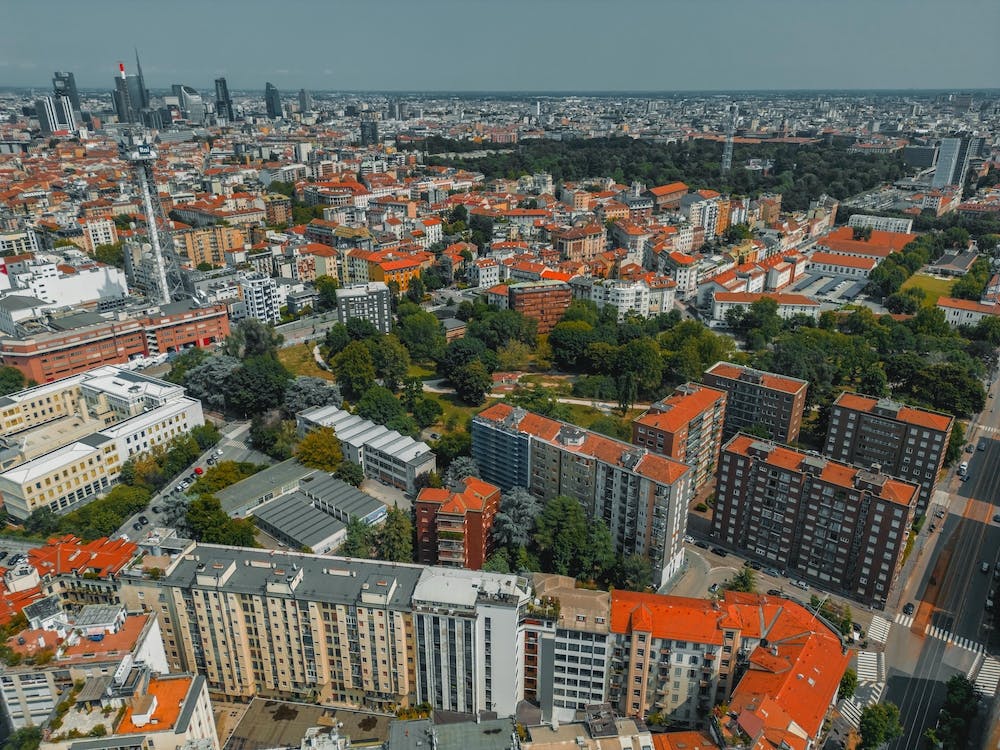 Milan cityscape photography from bird's eye view. Milan architecture