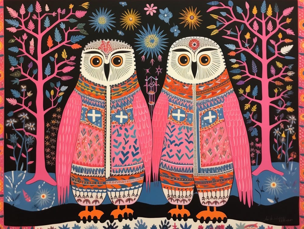 Snowy Owl 2 Folk Style Animal Illustration