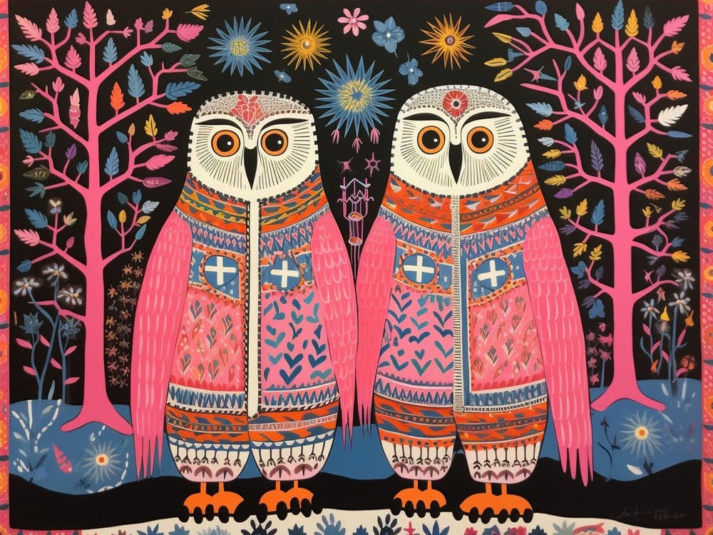 Snowy Owl 2 Folk Style Animal Illustration