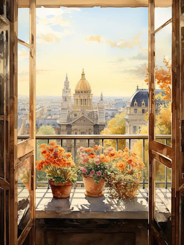 Window View Of Vienna Austria In Autumn Fall, Watercolour 4