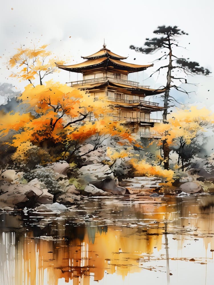 Kinkaku Ji (Golden Pavilion) In Kyoto, Japanese Brush Painting, Ukiyo E, Minimal 3