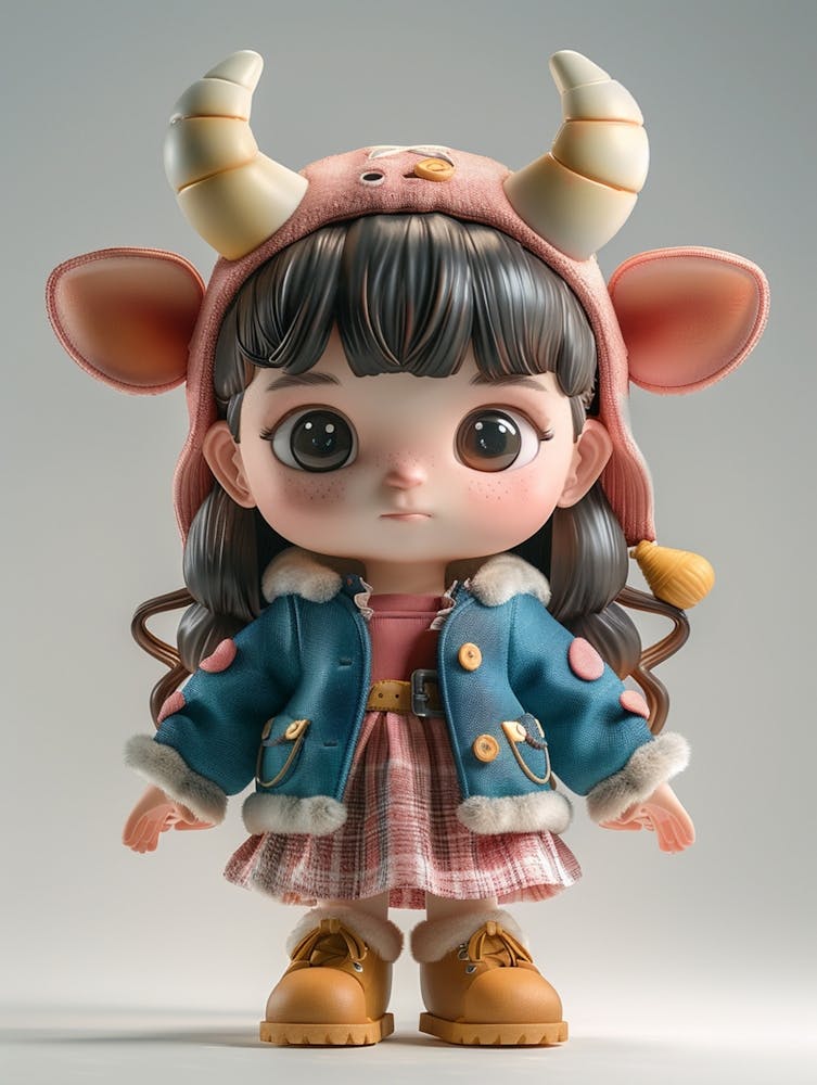 A Little Girl With Small Horns, A Princess, About 15 Years Old, Small Eyes, Chubby Face, Very Cute, Blind Box Design, Full Of Energy And Excitement, Standing On Two Feet, 5 Heads High, T Shaped Pose, 3d Cartoon Style, Full Body, T, F