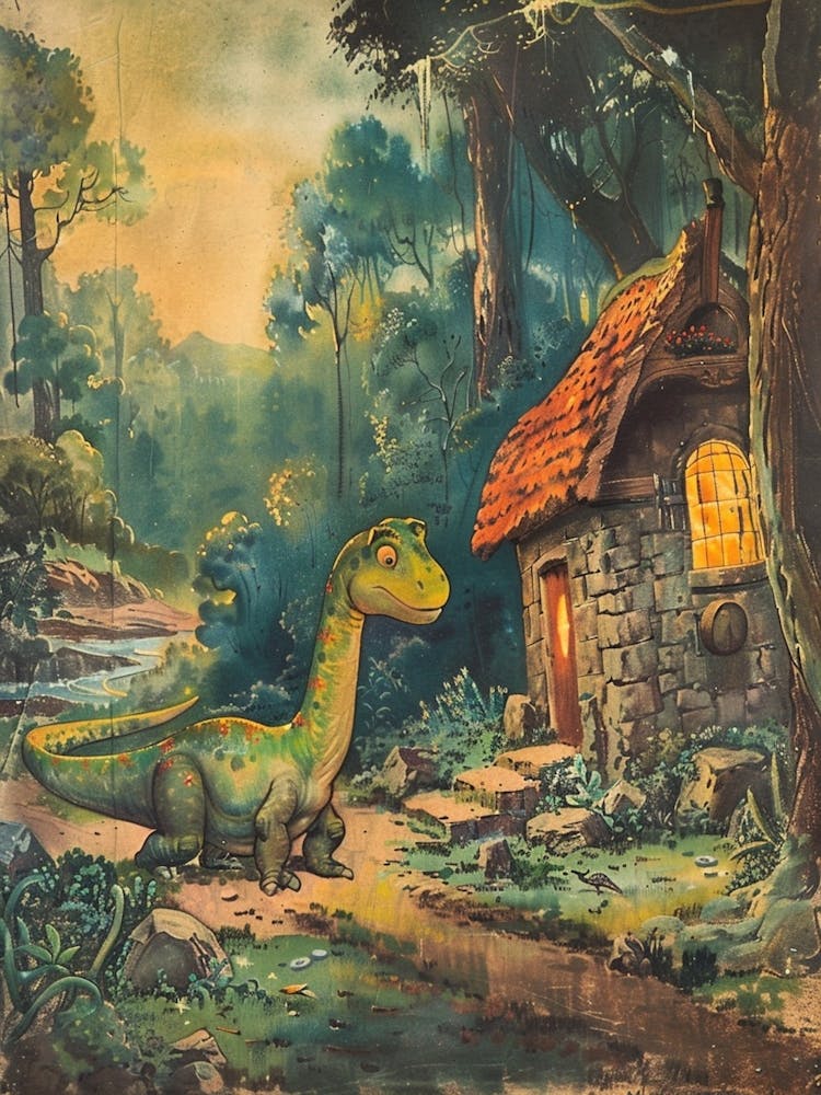 Cute Dinosaur Returning Home In The Trees Storybook Painting