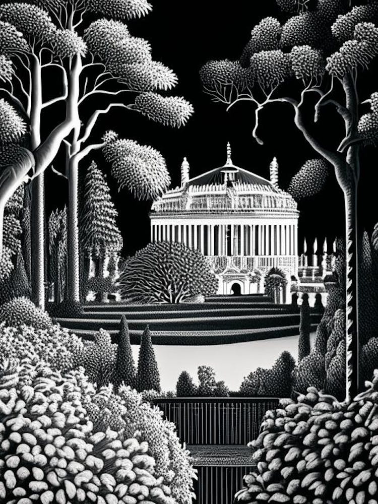 Schönbrunn Palace Gardens, Austria Linocut Black And White Vintage