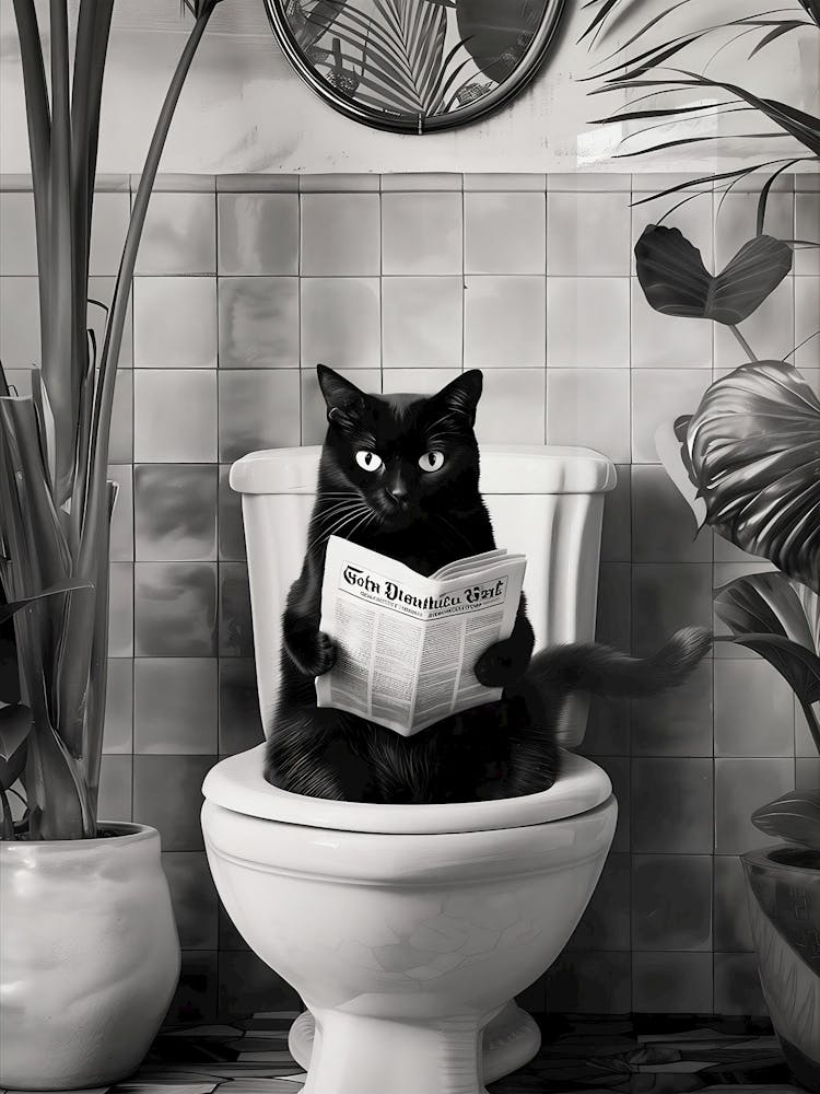 Bathroom Cat Print Reading On Toilet Black And White Bathroom Wall Art, Toilet Poster, Toilet Wall Art Funny Cat Poster Funny Bathroom Decor