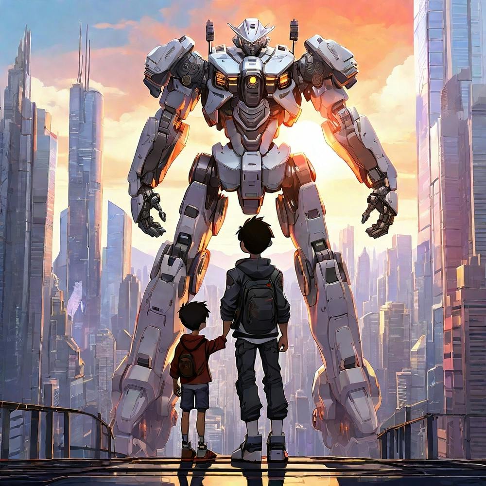 Mecha and Anime Boy in the City Skyline