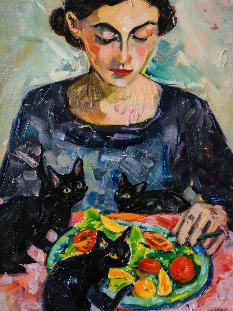 Portrait Of A Woman With Cats Eating A Salad  1