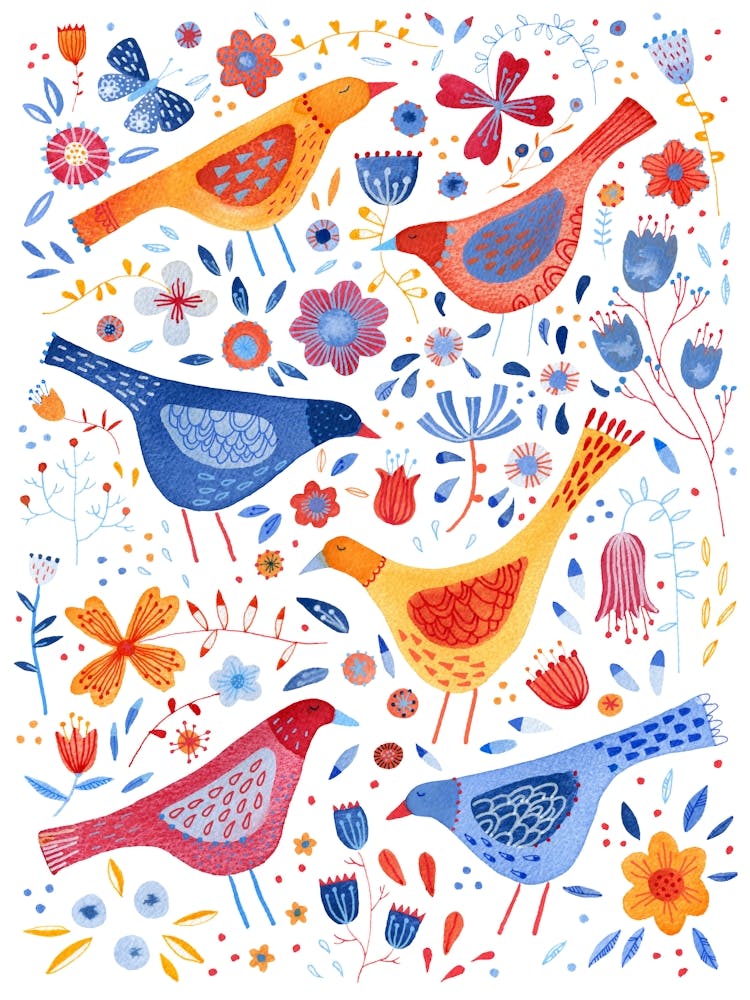 Birds In Wildflowers Watercolor