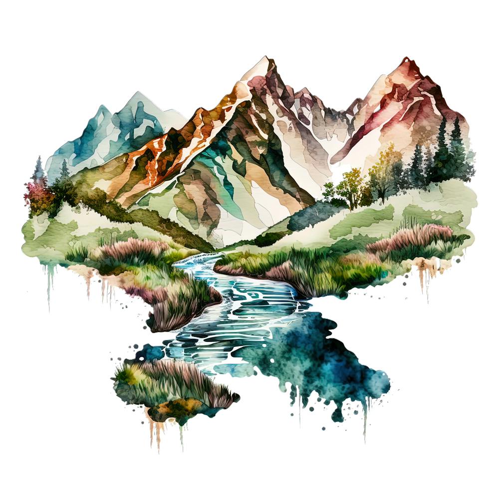 Watercolor Mountains And River 1