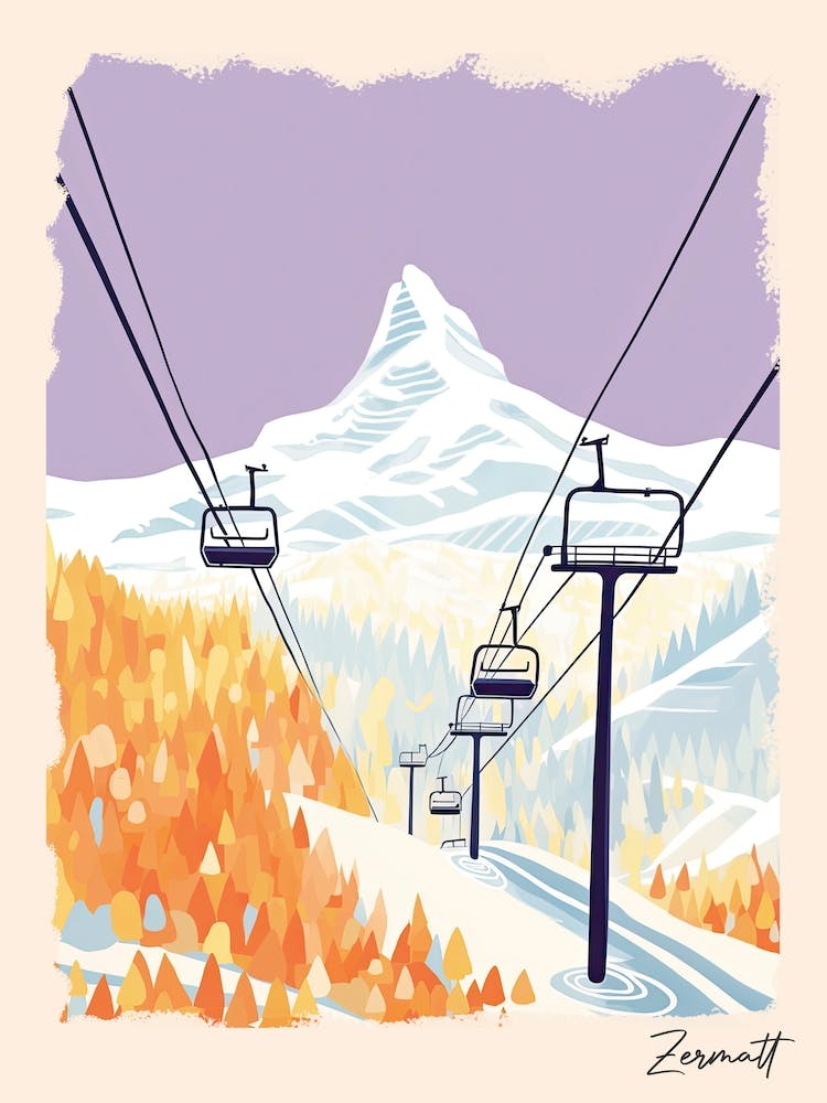 Poster Of Zermatt   Switzerland, Ski Resort Pastel Colours Illustration 0