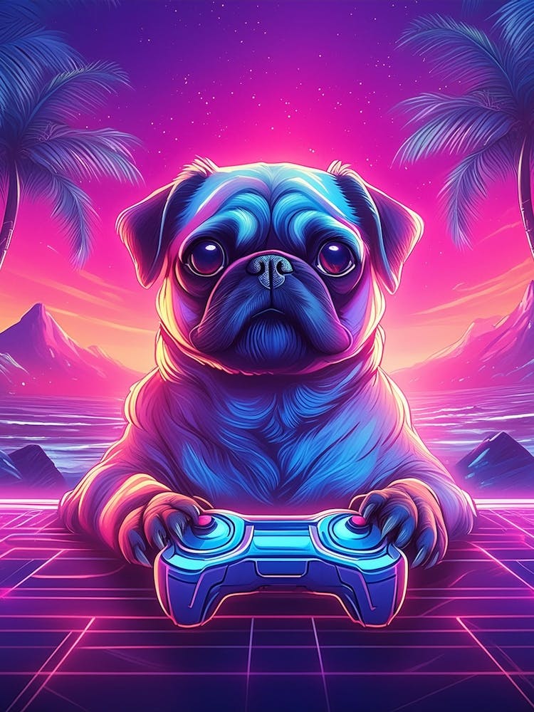 Pug Playing Video Games Synthwave