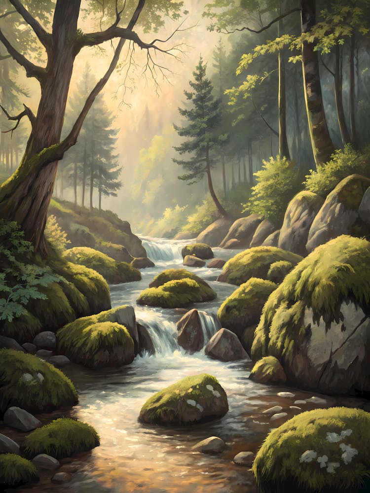 Tranquil Forest Stream oil Painting Lush Woodland Landscape with Mossy Rocks and Flowing Water