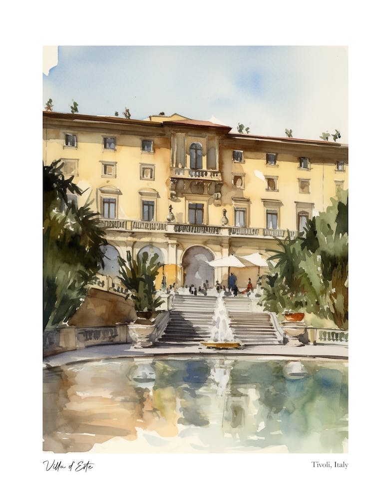 Villa D'Este, Tivoli, Italy 4 Watercolour Travel Poster