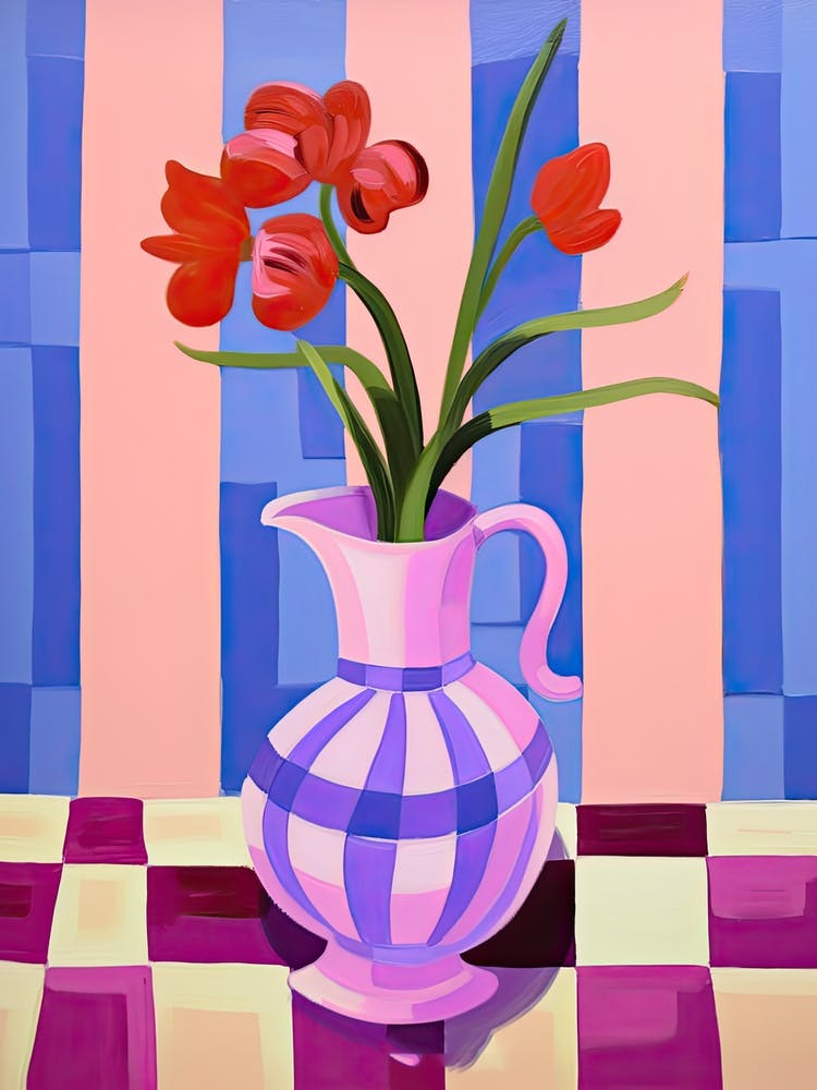 Painting Of A Pink Vase With Purple Flowers, Matisse Style 1