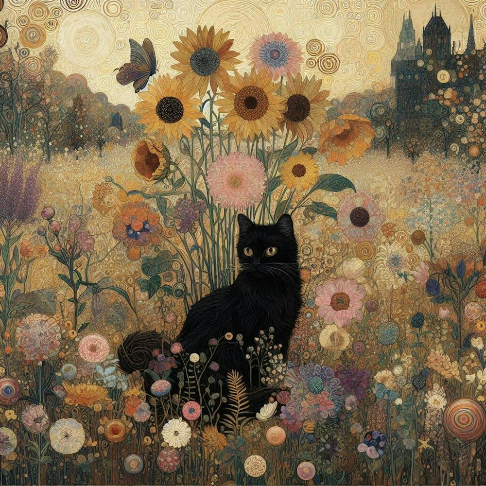 gustav klimt Black Cat In Sunflowers