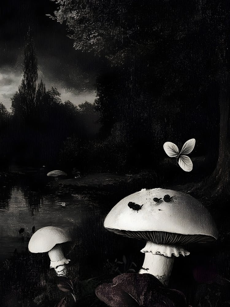 Dark Gothic Black And White Mushrooms