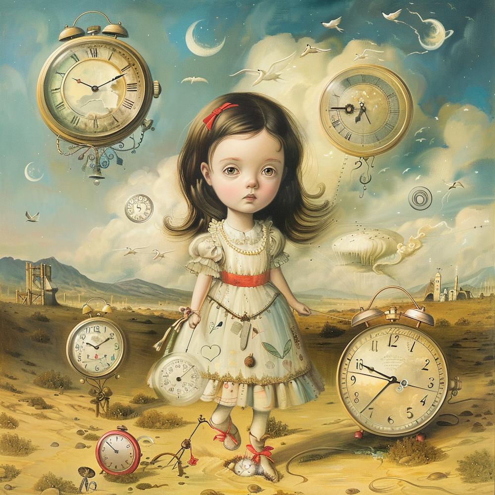 The Keeper of Time: This whimsical and enchanting artwork portrays a young girl in a fantastical landscape filled with oversized, floating clocks and surreal elements.
