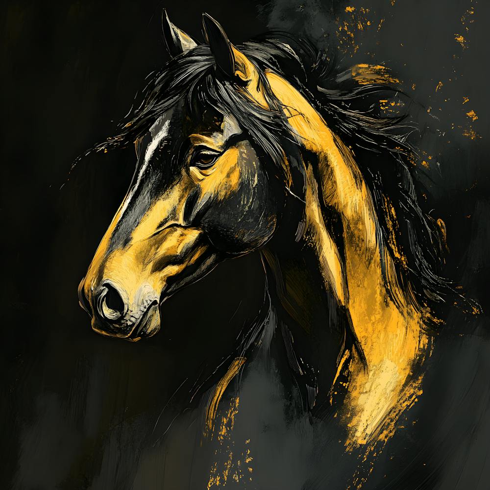 Golden Stallion Majesty – Digital Horse Art, Black And Gold Equine Painting, Wild Horse Wall Decor