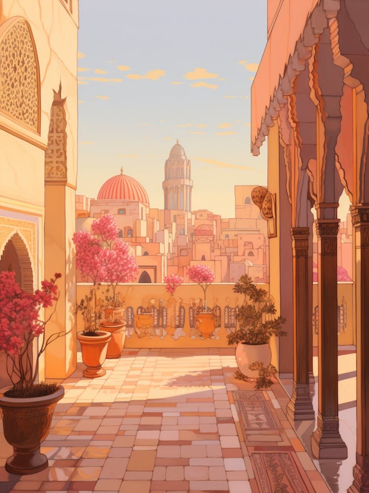 Marrakech Morocco 6 Vintage Pink Travel Illustration