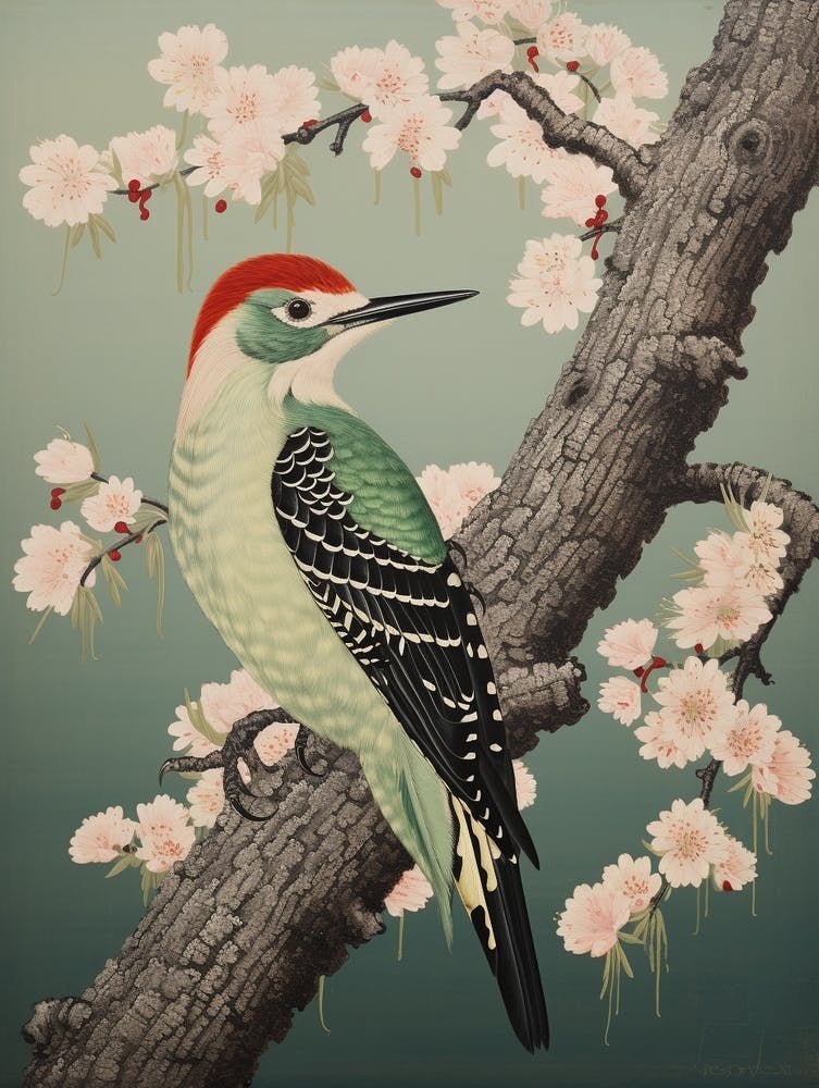 Ohara Koson Inspired Bird Painting Woodpecker 2