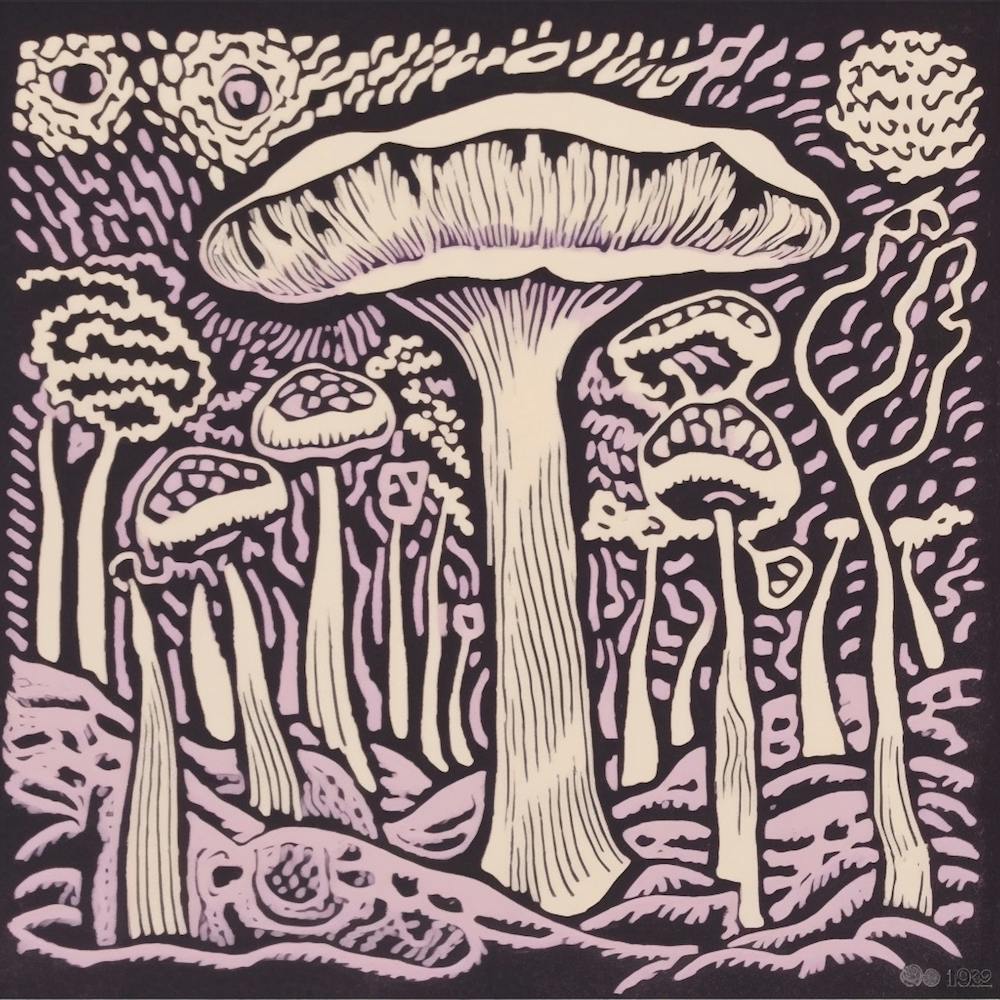 Pilz Holzschnitt Lila 10