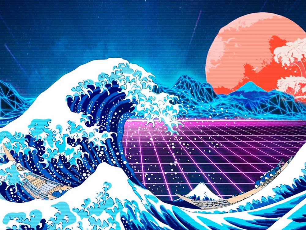 Synthwave Space: The Great Wave off Kanagawa [synthwave/vaporwave/cyberpunk] — aesthetic poster, retrowave poster, neon poster