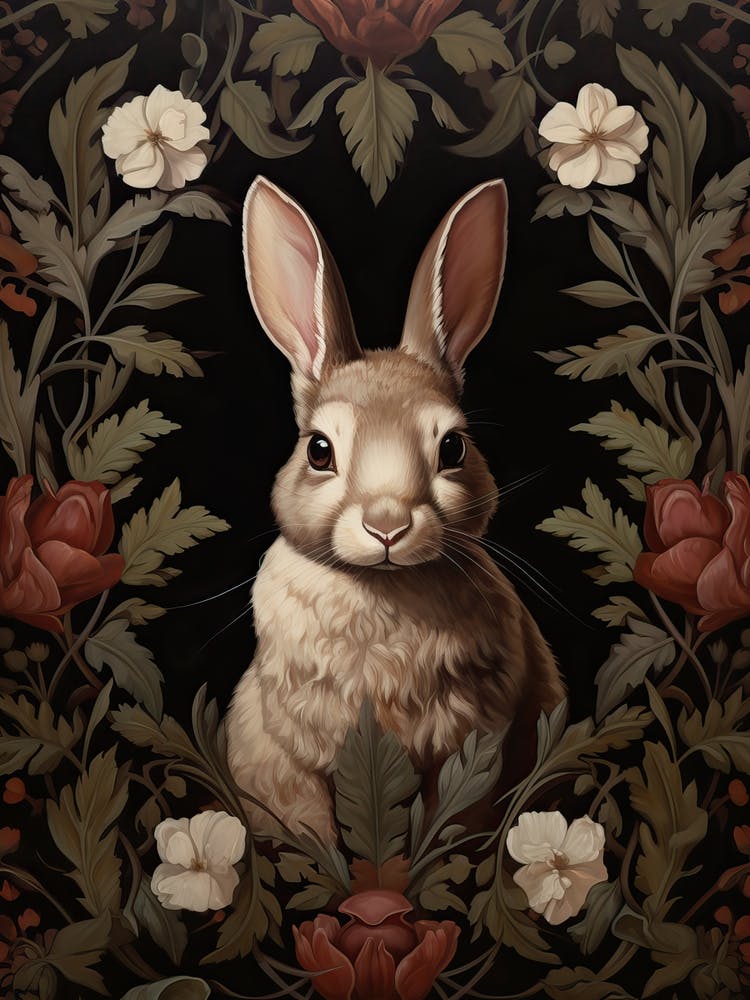 Rabbit Portrait With Rustic Flowers 0