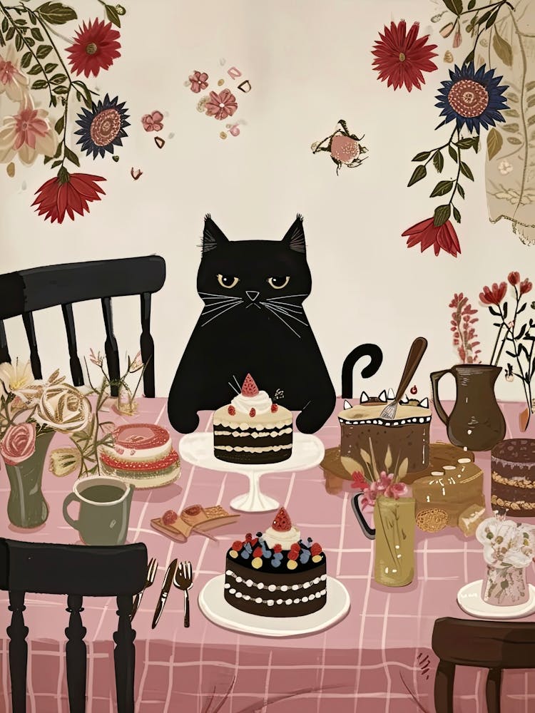 Black Cat With Cakes Coffee And Flower Painting Cat Kitchen Print Cat Lover Gift Cute Cat Print Kitchen
