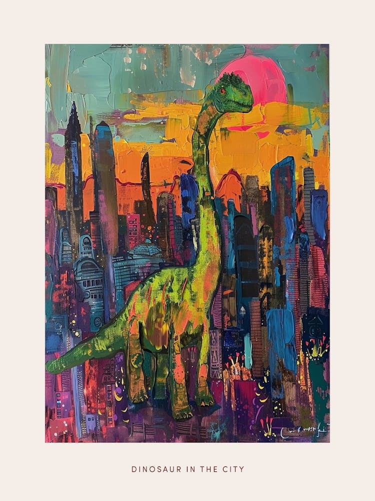 Colourful Dinosaur Cityscape Painting 7 Poster