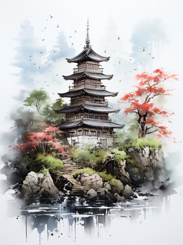 Chureito Pagoda In Yamanashi, Japanese Brush Painting, Ukiyo E, Minimal 4
