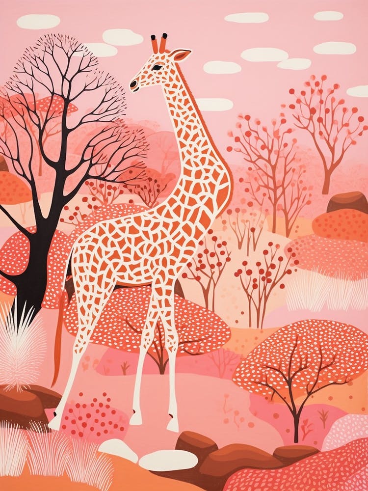 Giraffe In The Nature With Trees Pink 7