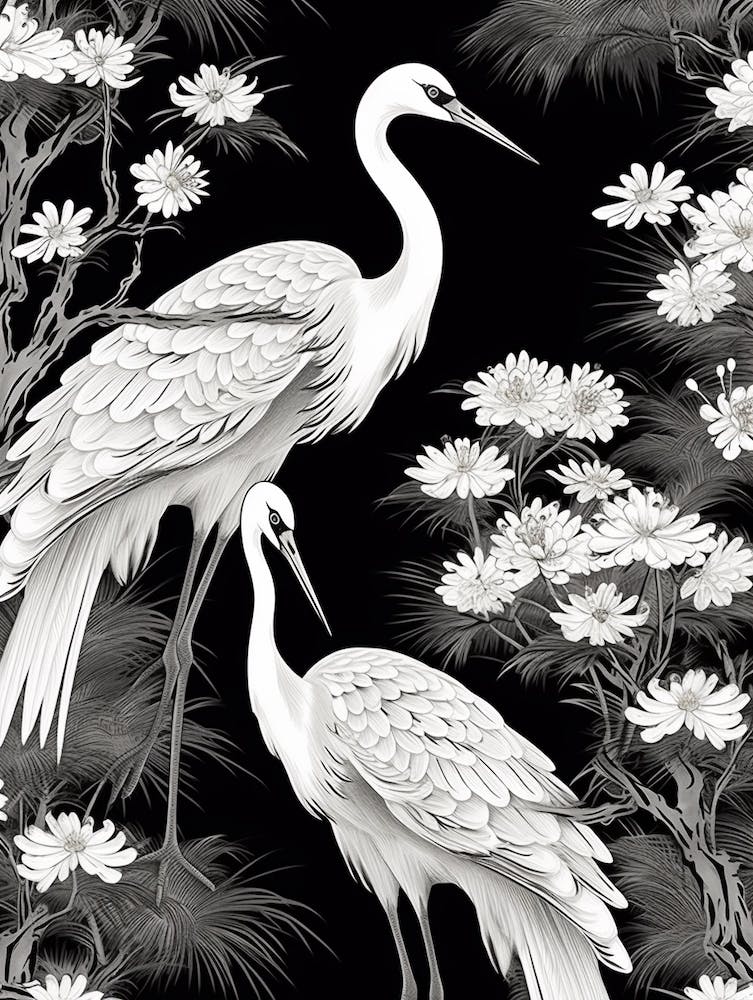 Black And White Cranes 2 Vintage Japanese Botanical