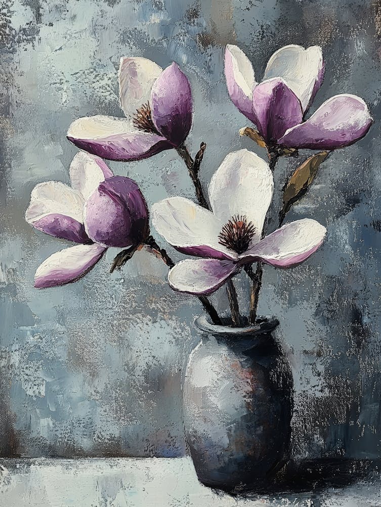 Oil Painting Still Life With Purple Magnolia Flowers Texture In The Grayscale