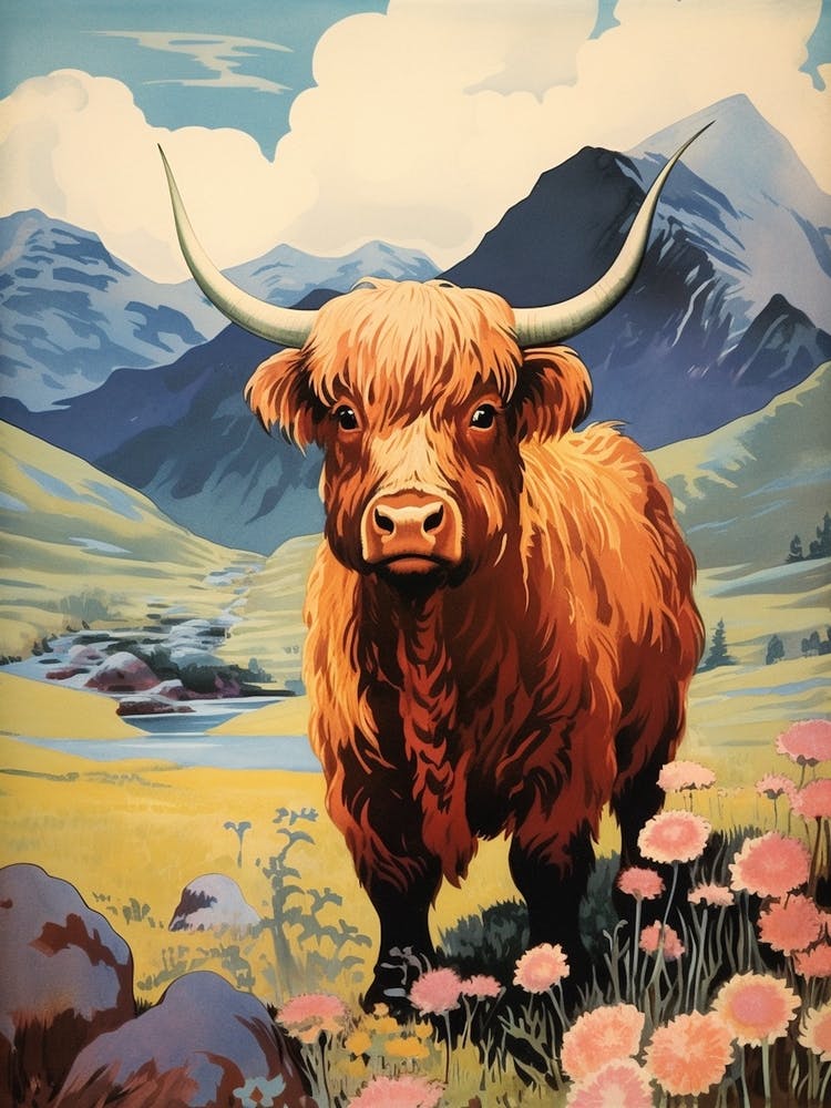 Brown Highland Bull In Picturesque Valley