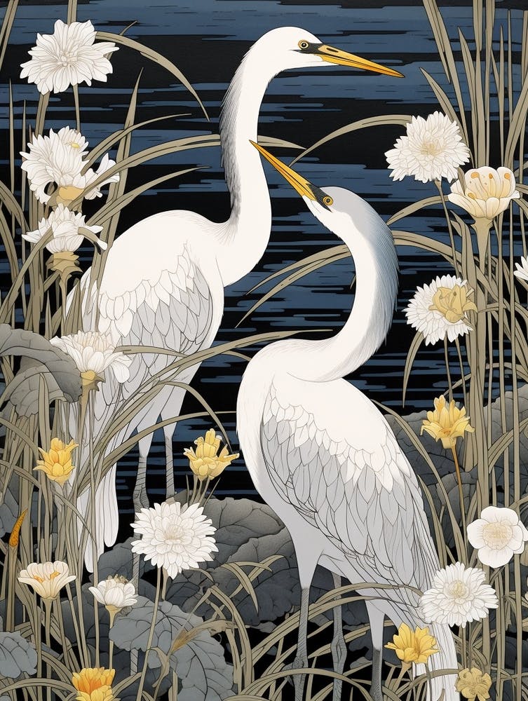 Cranes And Japanese Water Iris Vintage Japanese Botanical