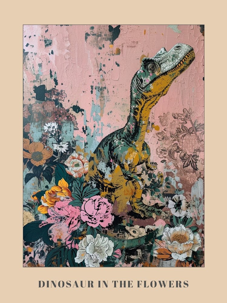 Dinosaur In The Flowers Illustration Poster