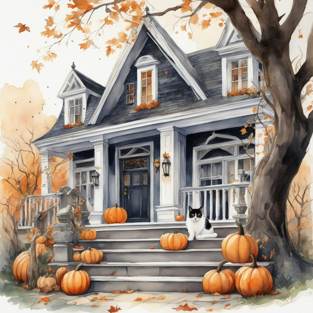 Halloween Cat On Steps In Front Of The Halloween House Watercolor Trending On Artstation Sharp Fo (1)