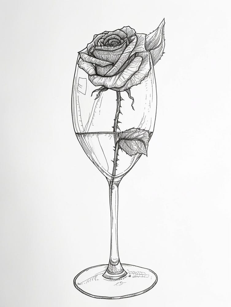 English Rose In A Wine Glass Line Drawing 4