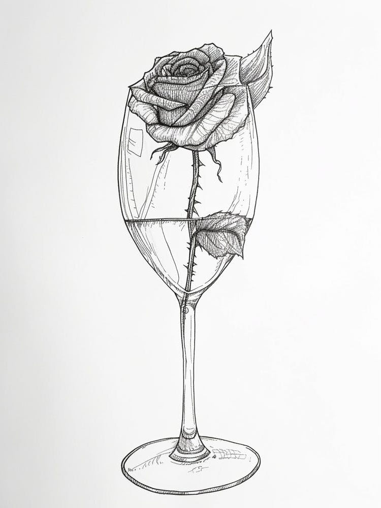 English Rose In A Wine Glass Line Drawing 4
