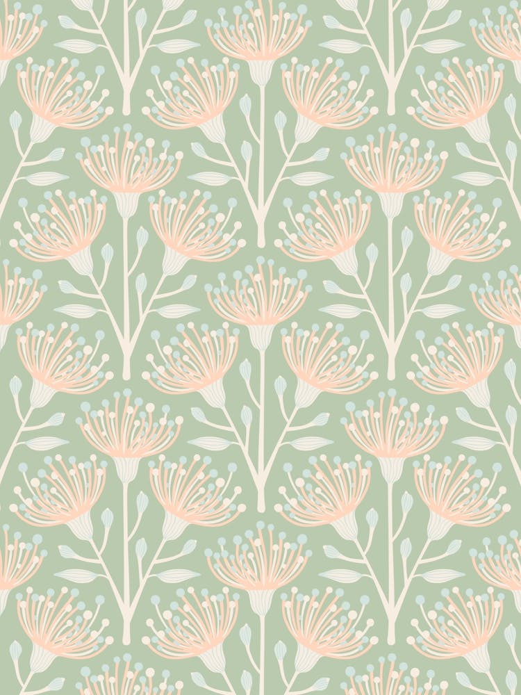 AUSTRALIAN EUCALYPTUS Floral in Apricot Orange Mint Eggshell on Vintage Cottage Sage Green