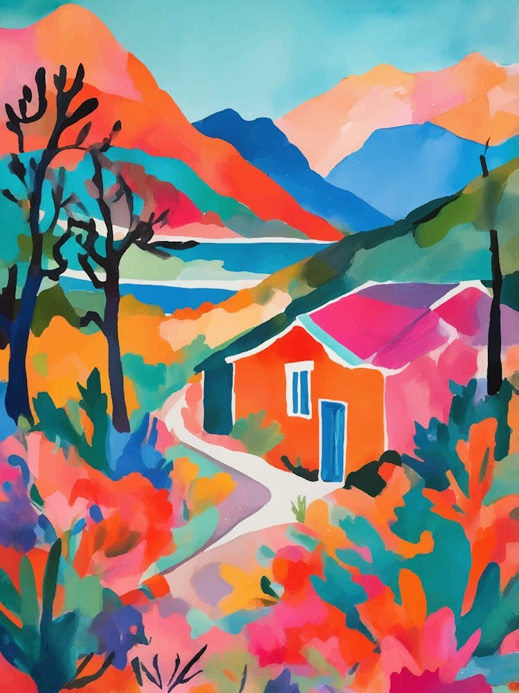 Colorful cabin between mountains