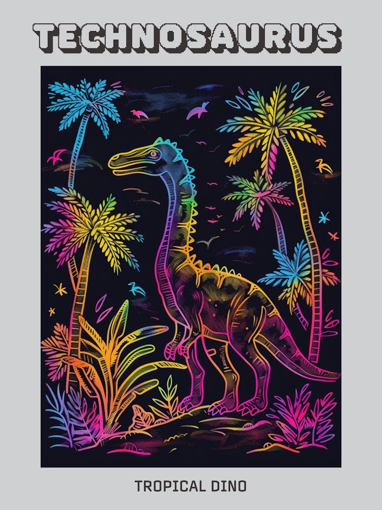 Neon Dinosaur With Palm Trees Line Illustration Poster