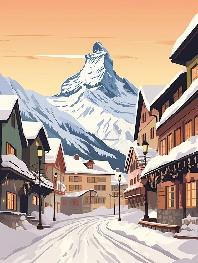 Vintage Winter Travel Illustration Zermatt Switzerland 2