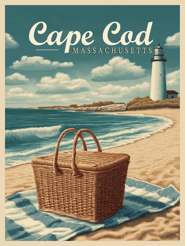 Vintage Travel Cape Cod Massachusetts Beach Retro Poster | Lighthouse & Picnic Basket Art