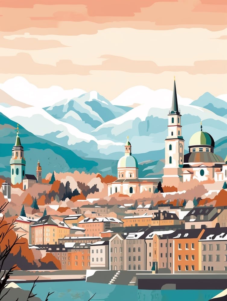 Vintage Winter Travel Illustration Salzburg Austria 4