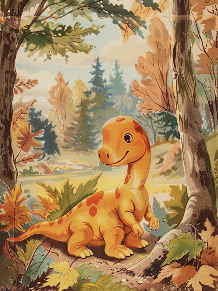 Dinosaur In The Autumn Leaves Storybook Style 1