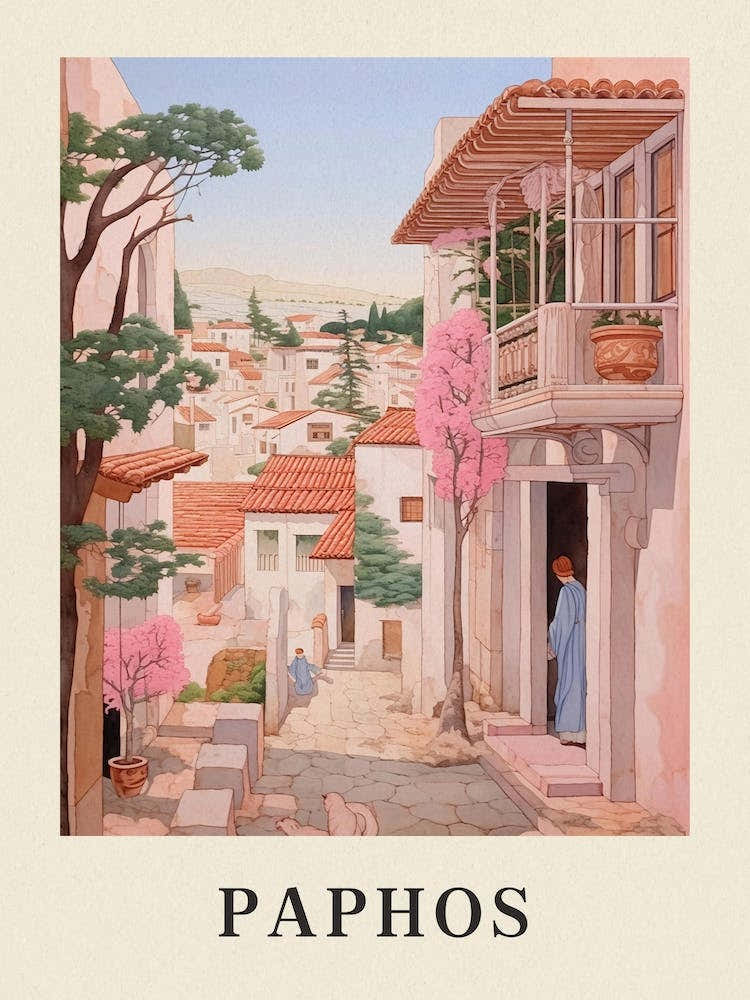 Paphos Cyprus 3 Vintage Pink Travel Illustration Poster