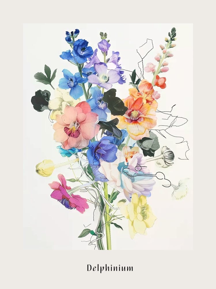 Delphinium Collage Flower Bouquet Poster