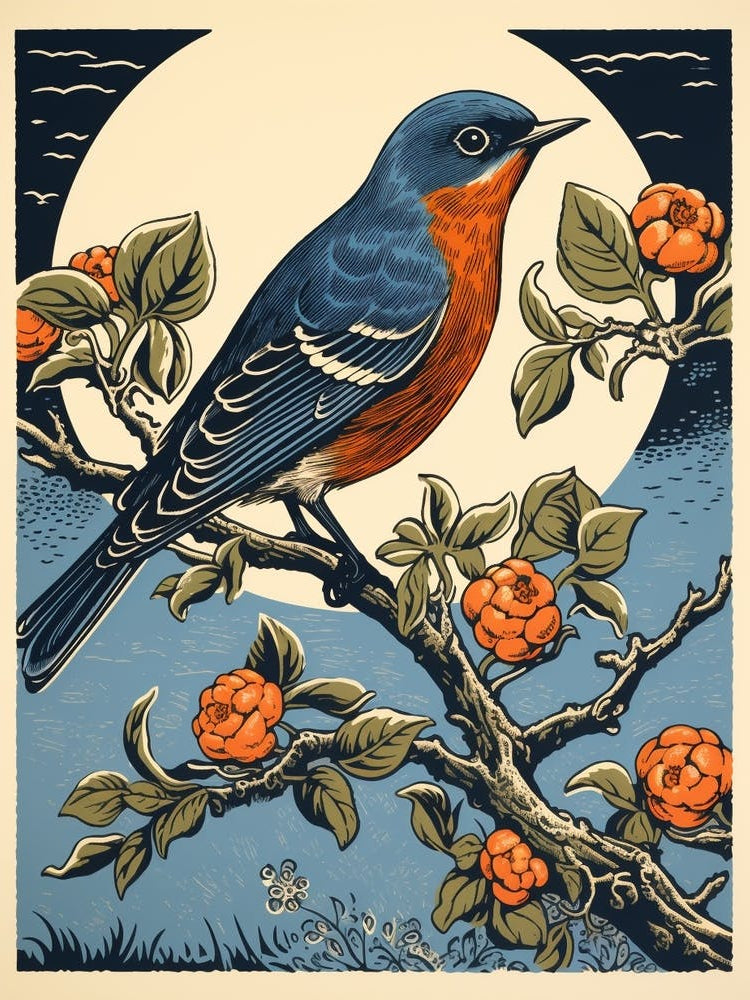 Vintage Bird Linocut Eastern Bluebird 4