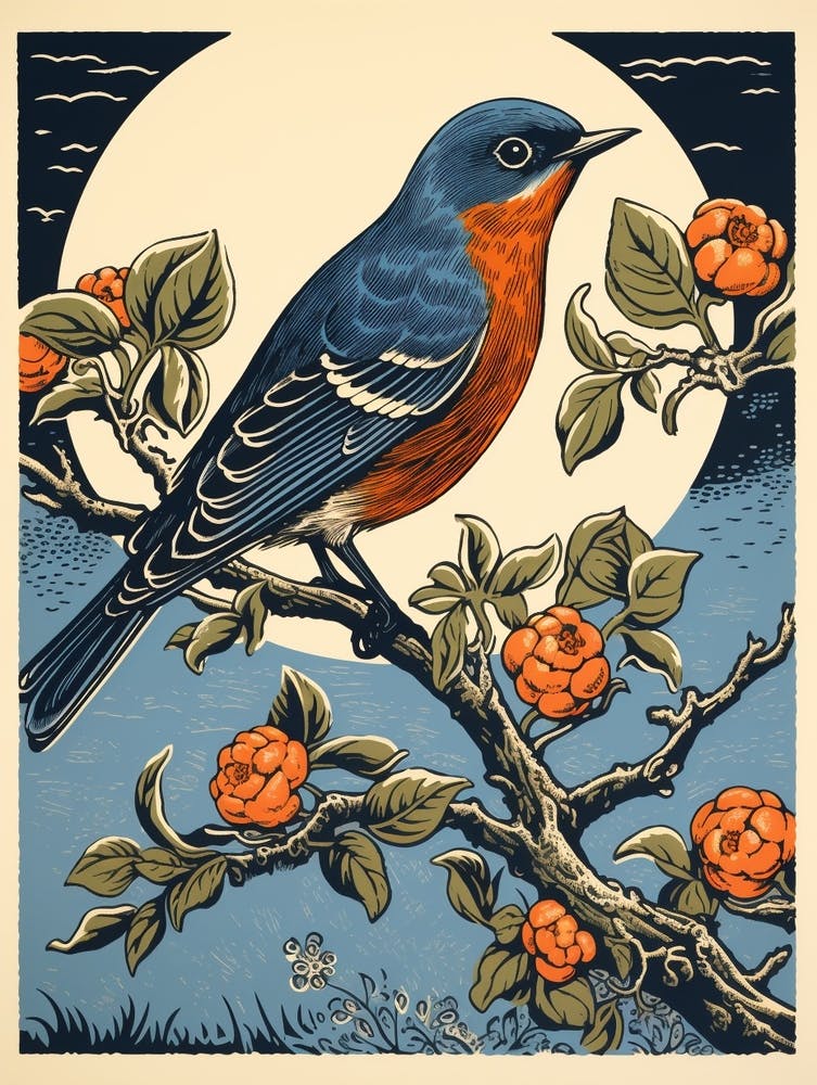 Vintage Bird Linocut Eastern Bluebird 4